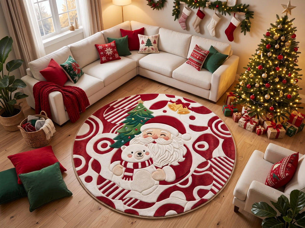 Hand-Tufted Wool Santa Claus & Polar Bear Holiday Rug - Red/White Festive Aesthetic Bedroom Area Carpet