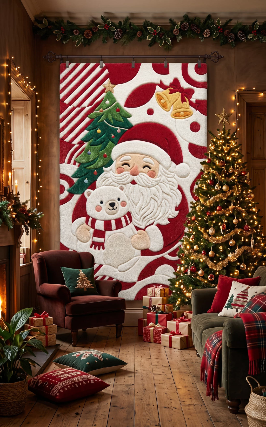 Hand-Tufted Wool Santa Claus & Polar Bear Holiday Rug - Red/White Festive Aesthetic Bedroom Area Carpet