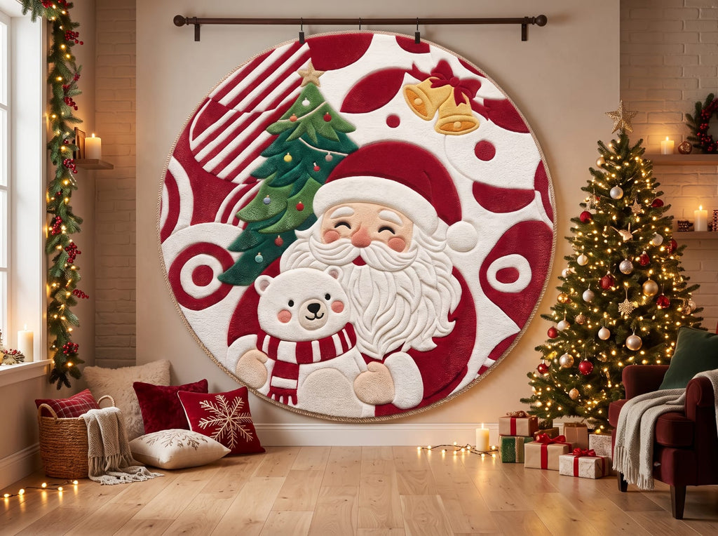 Hand-Tufted Wool Santa Claus & Polar Bear Holiday Rug - Red/White Festive Aesthetic Bedroom Area Carpet