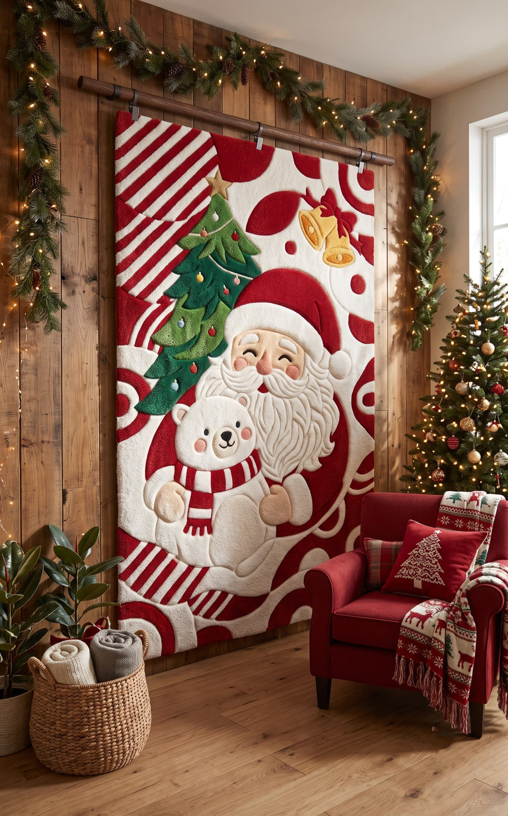 Hand-Tufted Wool Santa Claus & Polar Bear Holiday Rug - Red/White Festive Aesthetic Bedroom Area Carpet