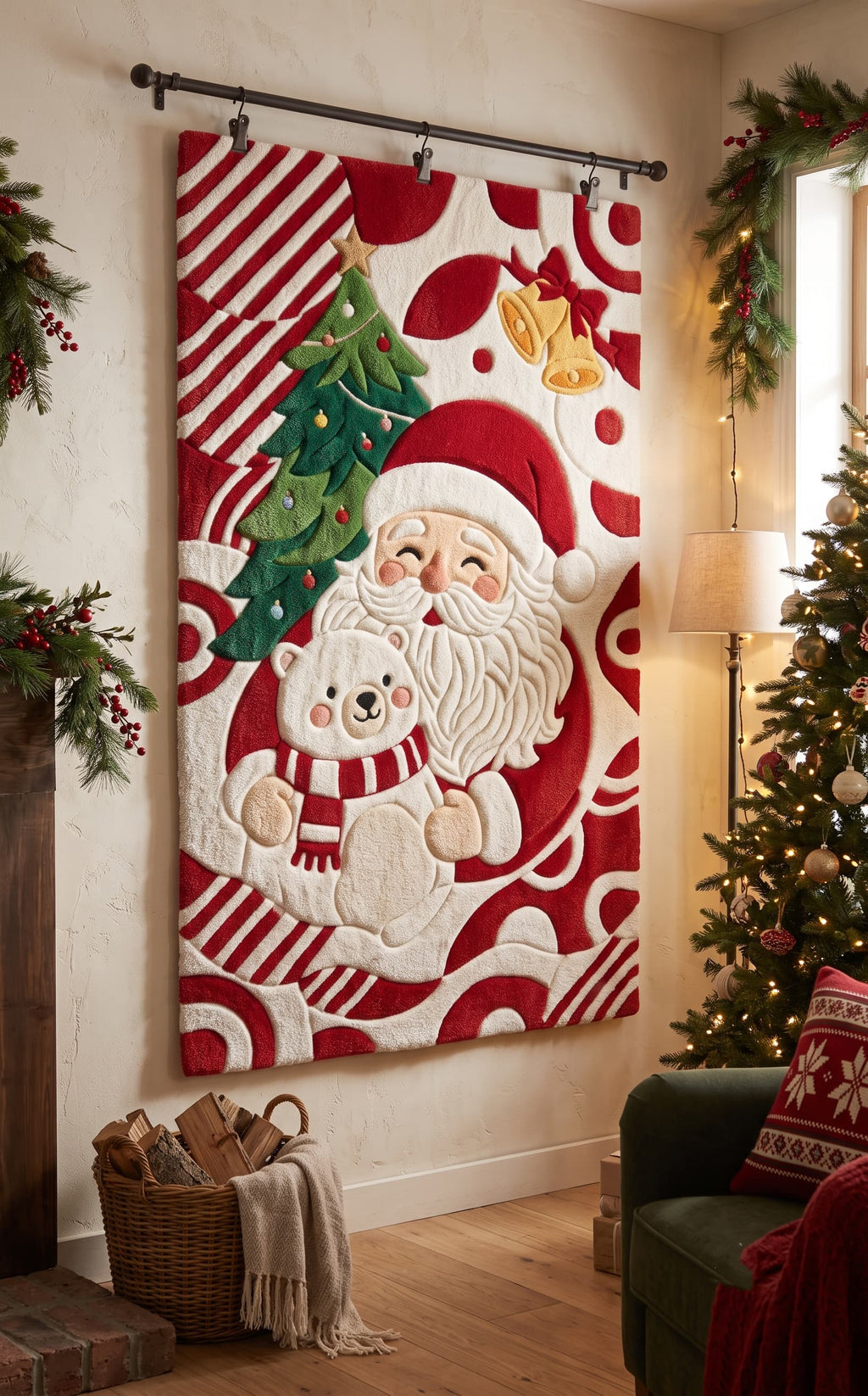 Hand-Tufted Wool Santa Claus & Polar Bear Holiday Rug - Red/White Festive Aesthetic Bedroom Area Carpet