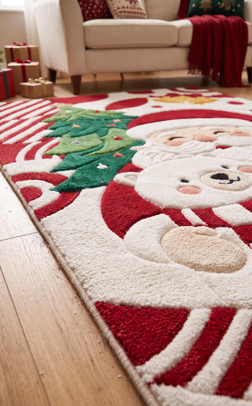 Hand-Tufted Wool Santa Claus & Polar Bear Holiday Rug - Red/White Festive Aesthetic Bedroom Area Carpet
