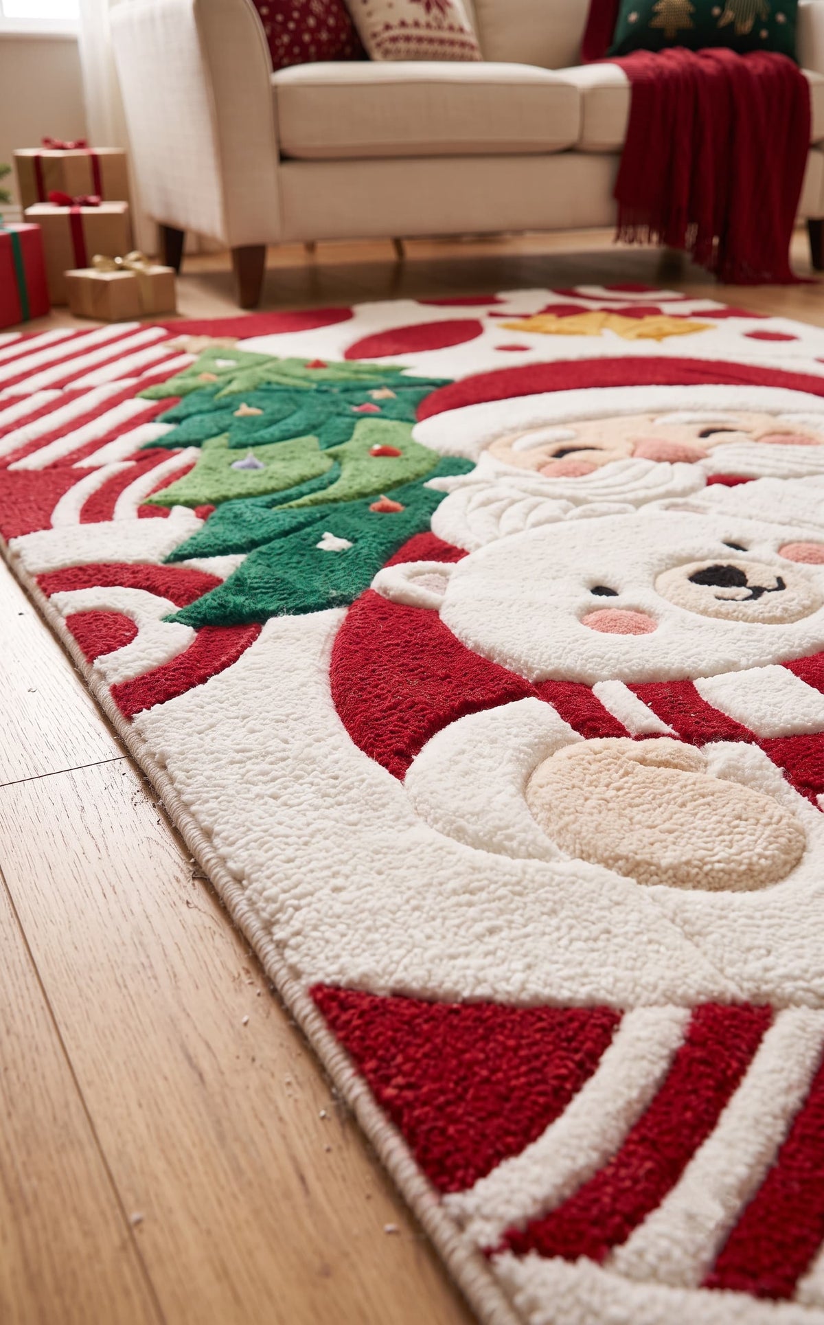 Hand-Tufted Wool Santa Claus & Polar Bear Holiday Rug - Red/White Festive Aesthetic Bedroom Area Carpet