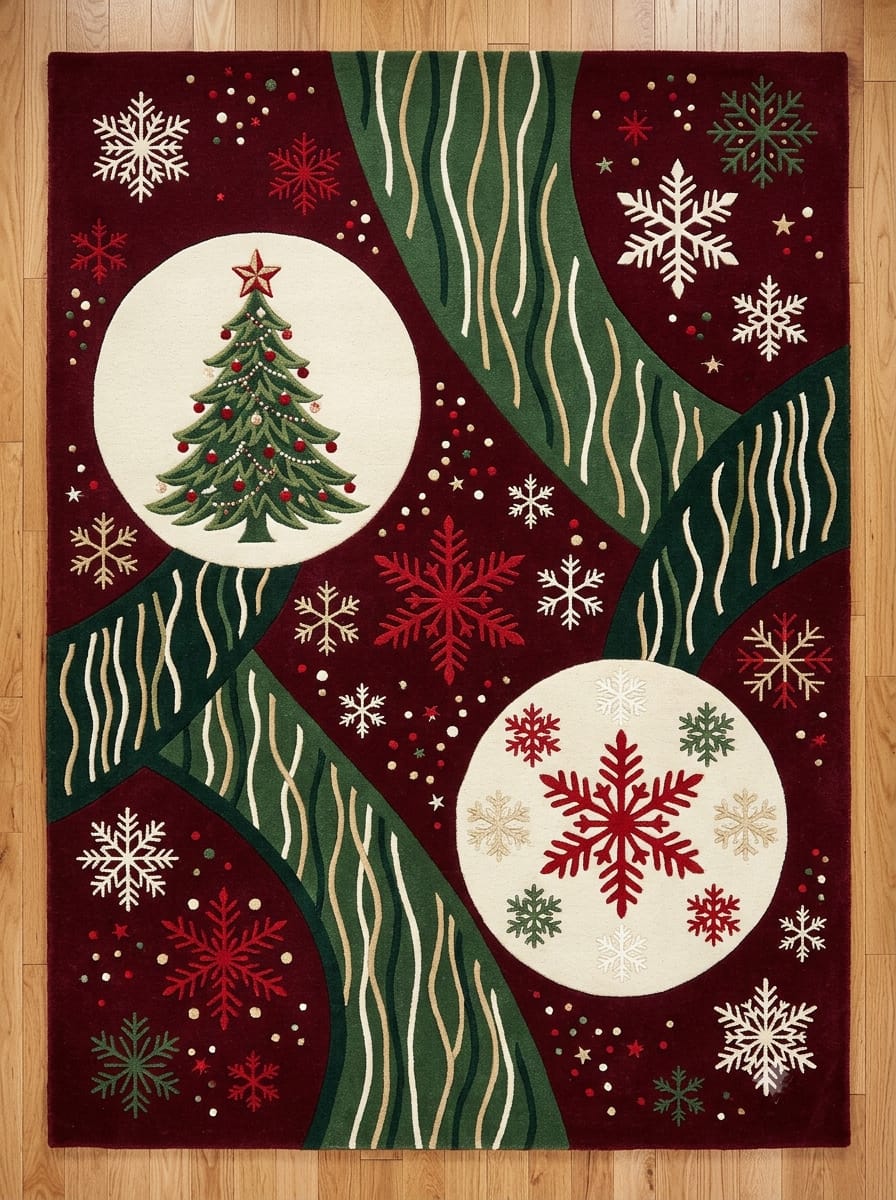Hand-Tufted Wool Christmas Tree & Snowflake Area Rug - Festive Red/Green Holiday Minimalist Cozy Living Room Carpet