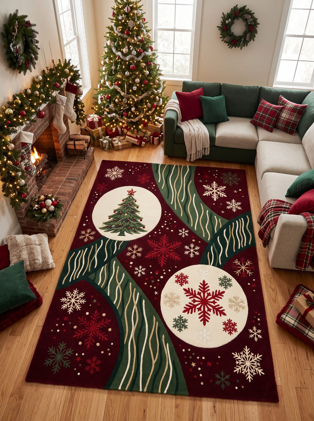 Hand-Tufted Wool Christmas Tree & Snowflake Area Rug - Festive Red/Green Holiday Minimalist Cozy Living Room Carpet