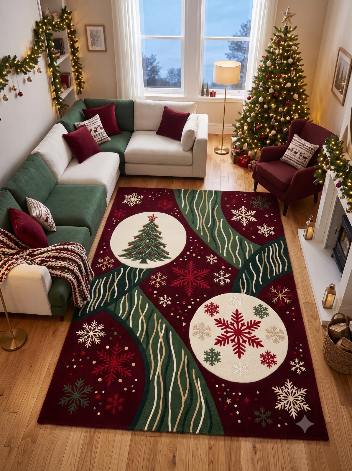 Hand-Tufted Wool Christmas Tree & Snowflake Area Rug - Festive Red/Green Holiday Minimalist Cozy Living Room Carpet