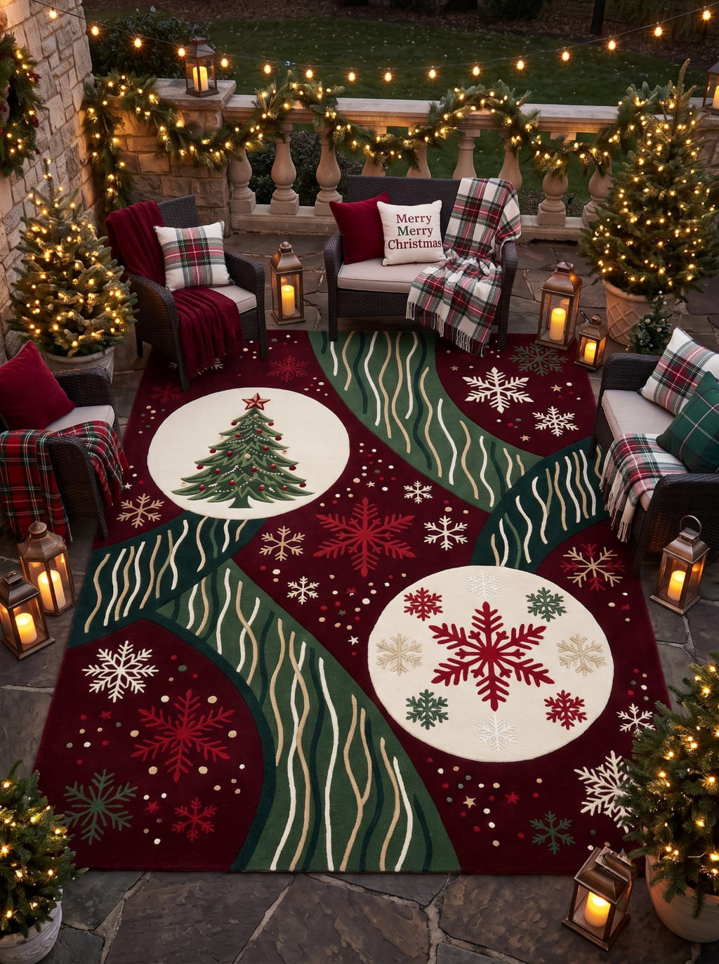 Hand-Tufted Wool Christmas Tree & Snowflake Area Rug - Festive Red/Green Holiday Minimalist Cozy Living Room Carpet