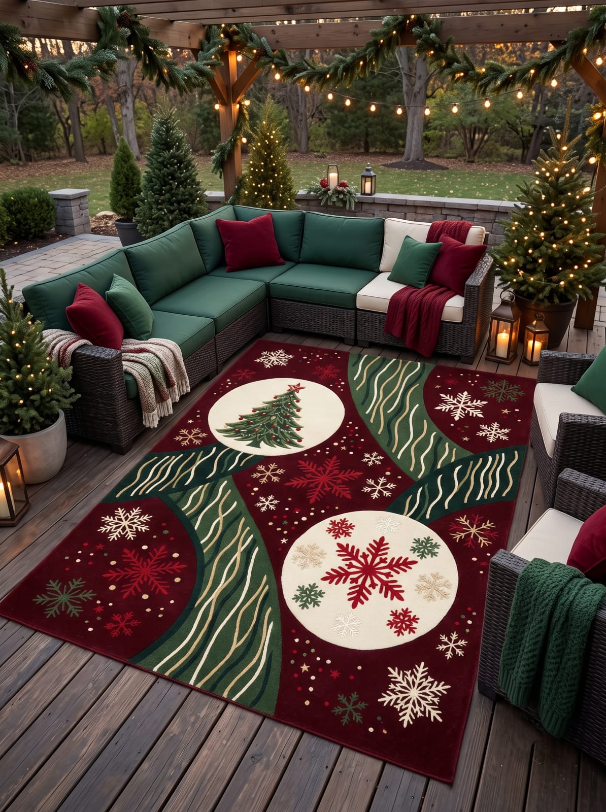 Hand-Tufted Wool Christmas Tree & Snowflake Area Rug - Festive Red/Green Holiday Minimalist Cozy Living Room Carpet