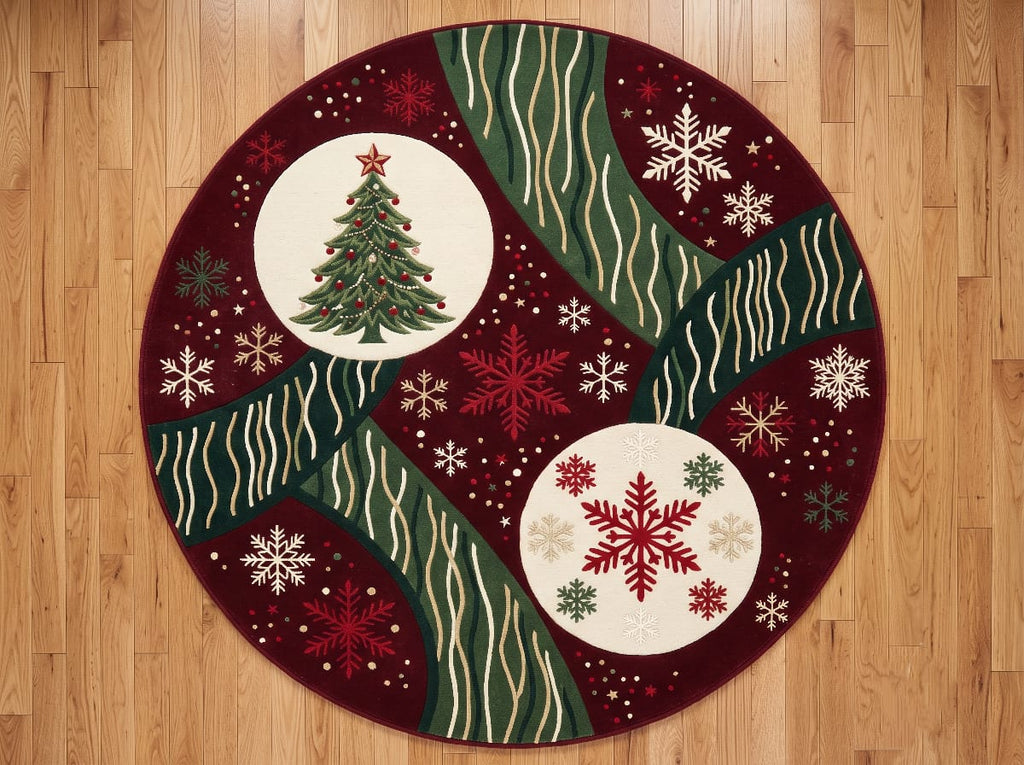Hand-Tufted Wool Christmas Tree & Snowflake Area Rug - Festive Red/Green Holiday Minimalist Cozy Living Room Carpet