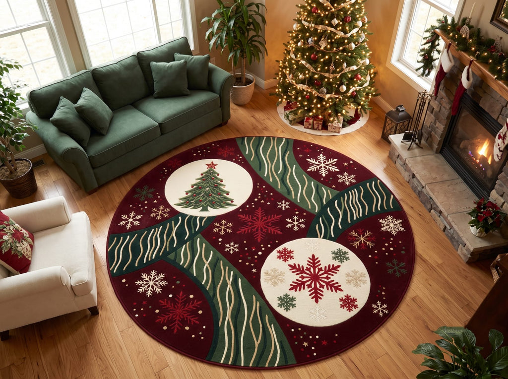 Hand-Tufted Wool Christmas Tree & Snowflake Area Rug - Festive Red/Green Holiday Minimalist Cozy Living Room Carpet