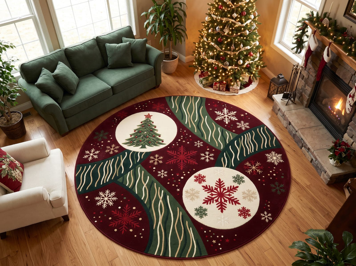 Hand-Tufted Wool Christmas Tree & Snowflake Area Rug - Festive Red/Green Holiday Minimalist Cozy Living Room Carpet