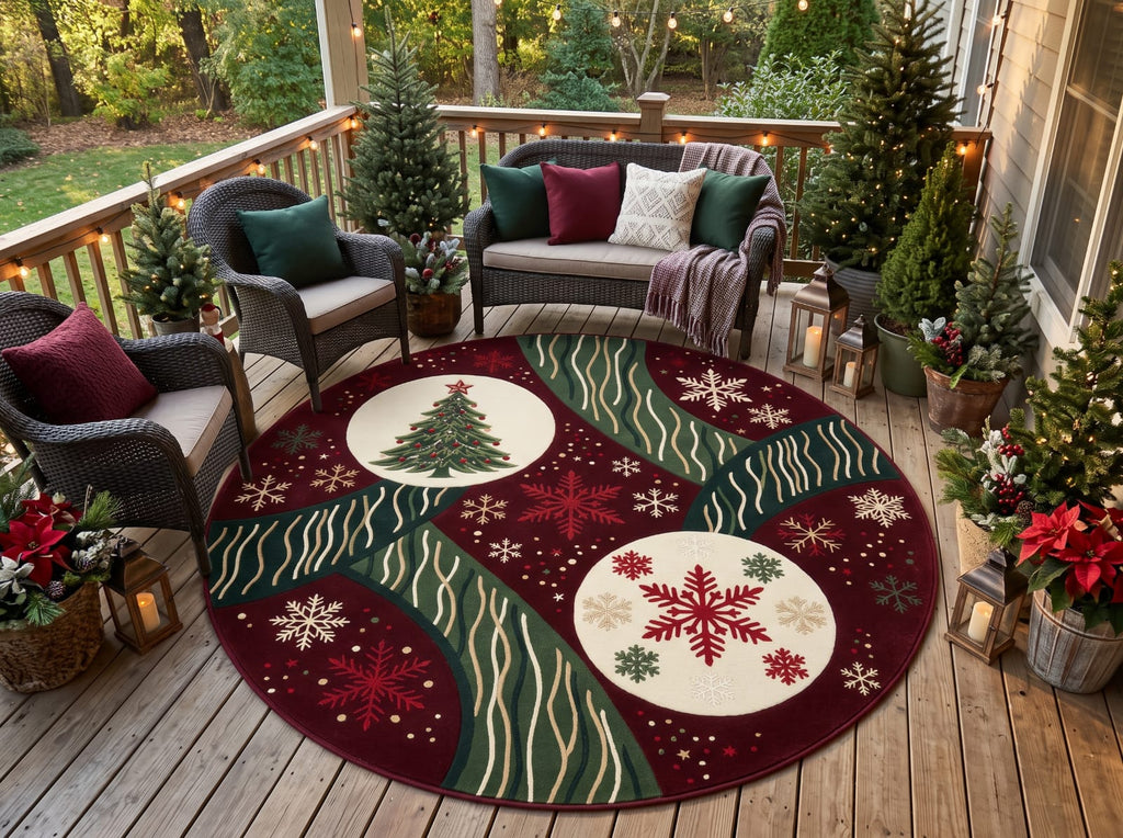 Hand-Tufted Wool Christmas Tree & Snowflake Area Rug - Festive Red/Green Holiday Minimalist Cozy Living Room Carpet