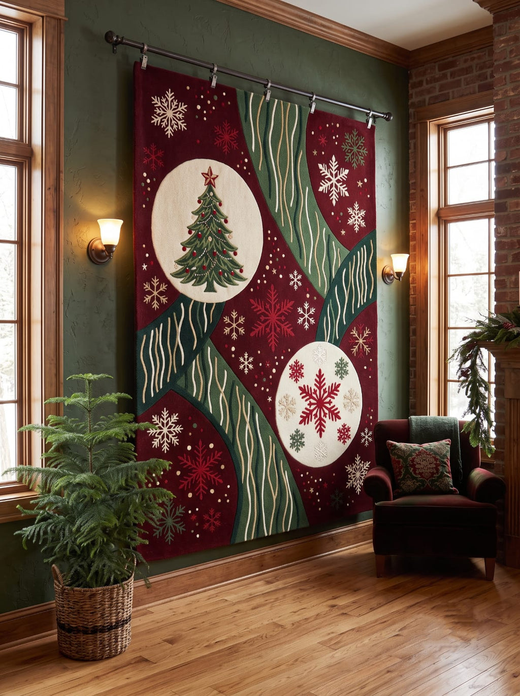 Hand-Tufted Wool Christmas Tree & Snowflake Area Rug - Festive Red/Green Holiday Minimalist Cozy Living Room Carpet