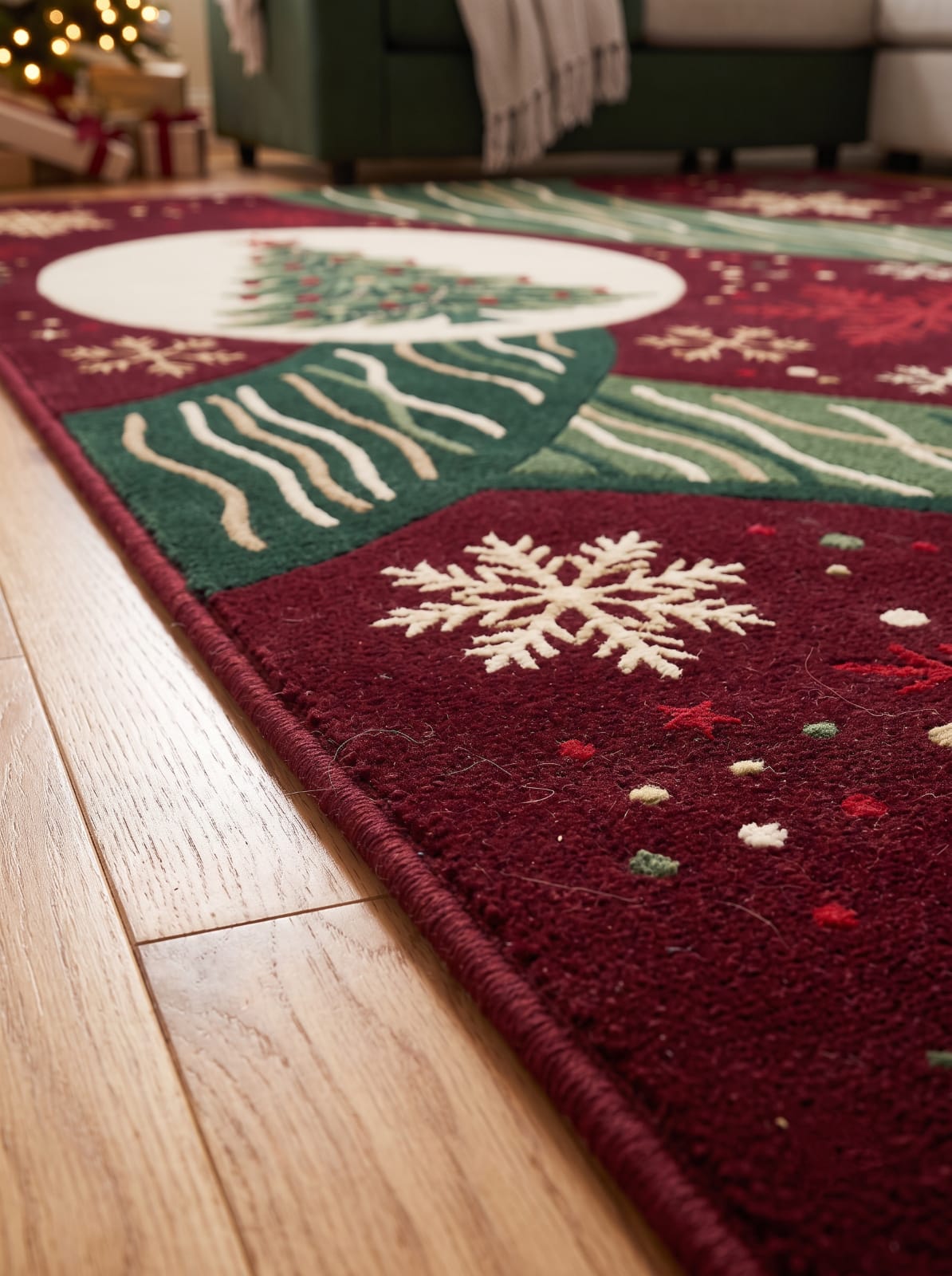 Hand-Tufted Wool Christmas Tree & Snowflake Area Rug - Festive Red/Green Holiday Minimalist Cozy Living Room Carpet