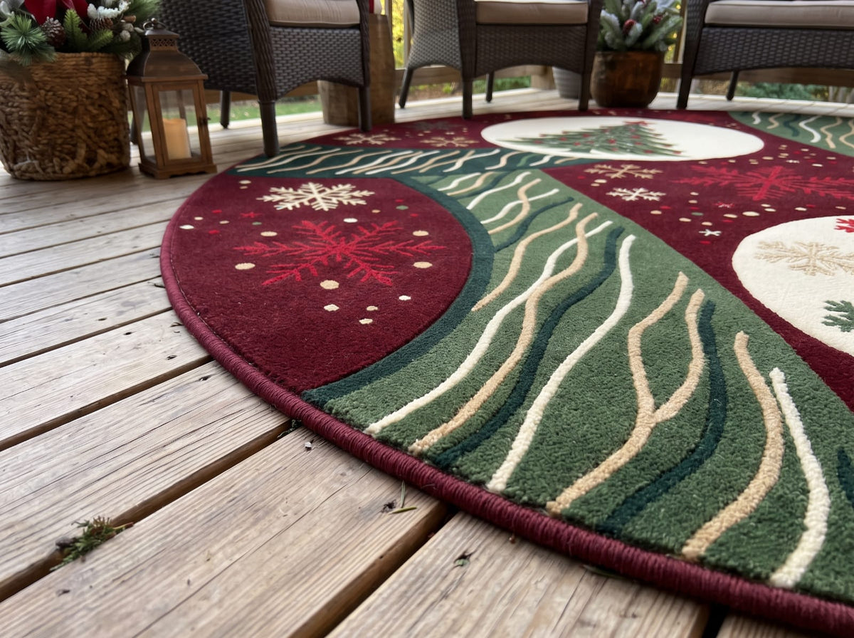 Hand-Tufted Wool Christmas Tree & Snowflake Area Rug - Festive Red/Green Holiday Minimalist Cozy Living Room Carpet