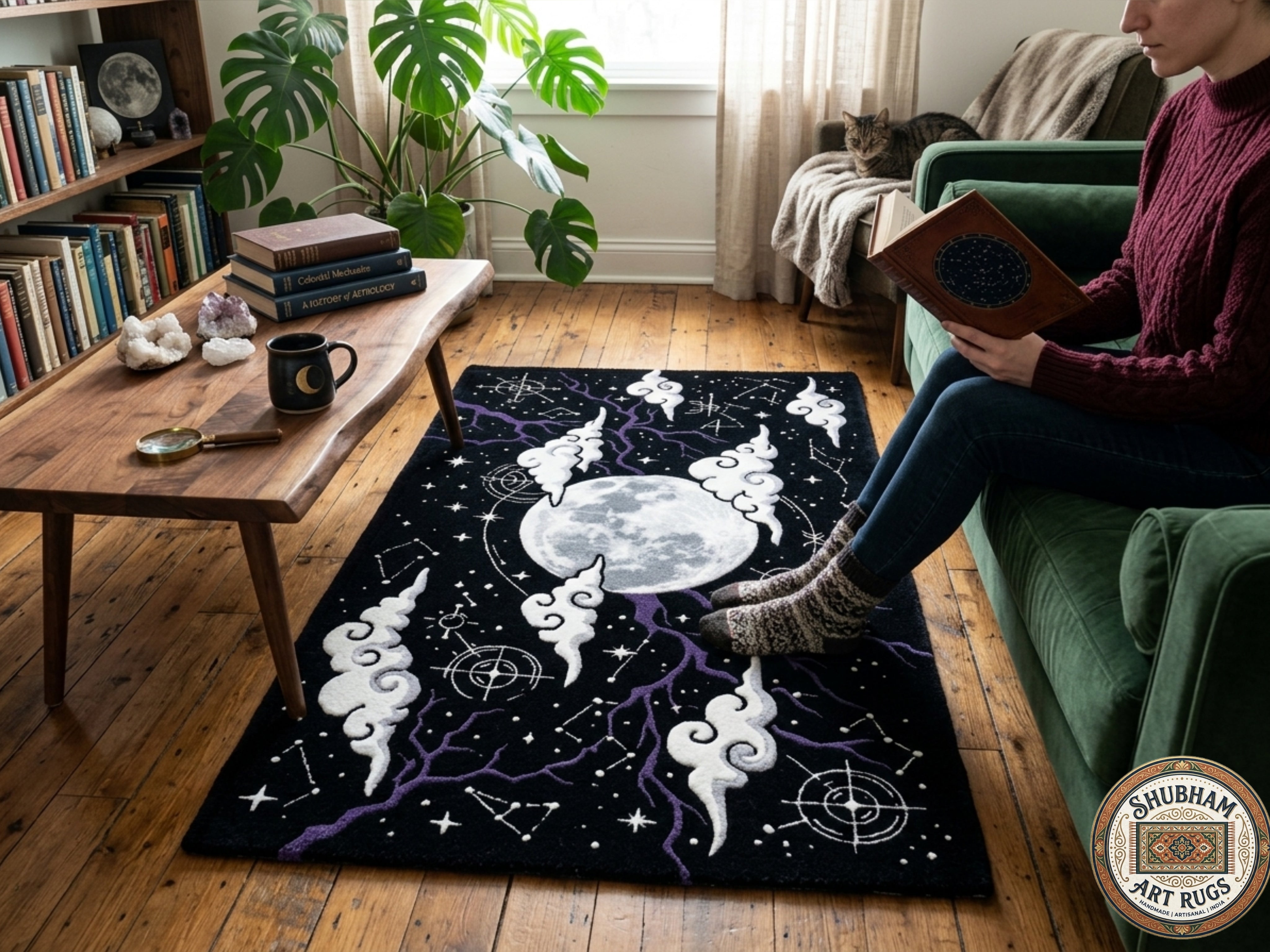 Celestial Moon Hand-Tufted Wool & Viscose Rug Black Galaxy Area Rug