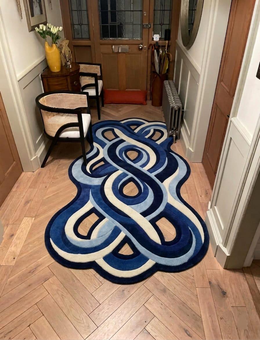 Shubham-Art-Rugs-hand-tufted-abstract-wavy-wool-rug-irregular-blue-area-carpet A modern, abstract-shaped area rug with a 3D-effect wavy knot pattern in shades of navy, medium blue, light blue, and cream, displayed on a light wood herringbone floor in a hallway.