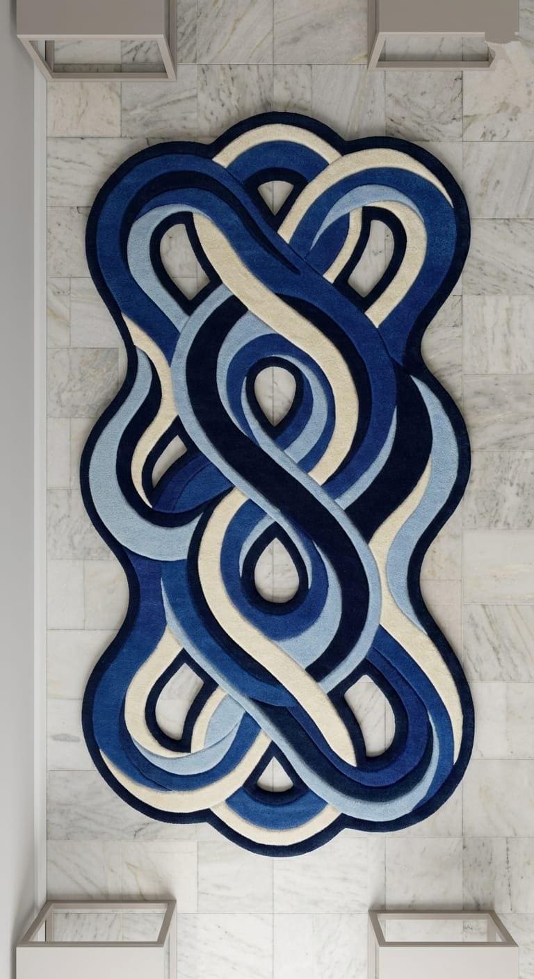 An abstract, organic-shaped area rug with a layered, knot-like design in shades of navy, medium blue, light blue, and cream, shown from a top-down perspective on a light marble tile floor.Shubham-Art-Rugs-hand-tufted-abstract-wavy-wool-rug-irregular-blue-area-carpet