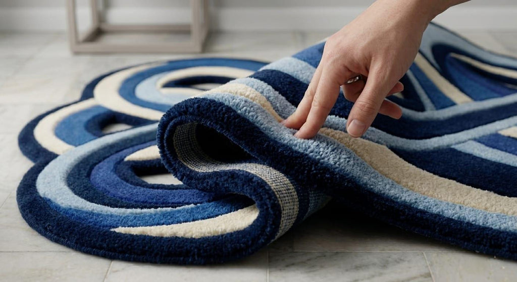 Detailed-3d-hand-carved-high-low-pile-texture-blue-abstract-wavy-wool-rug A close-up of a hand lifting a rolled section of a plush area rug with concentric cloud-like stripes in navy, blue, and cream, shown on a light stone floor.