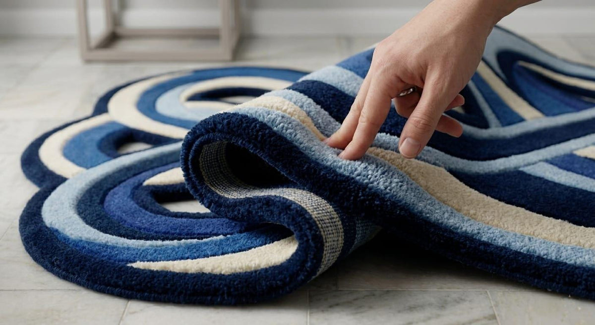 Detailed-3d-hand-carved-high-low-pile-texture-blue-abstract-wavy-wool-rug A close-up of a hand lifting a rolled section of a plush area rug with concentric cloud-like stripes in navy, blue, and cream, shown on a light stone floor.