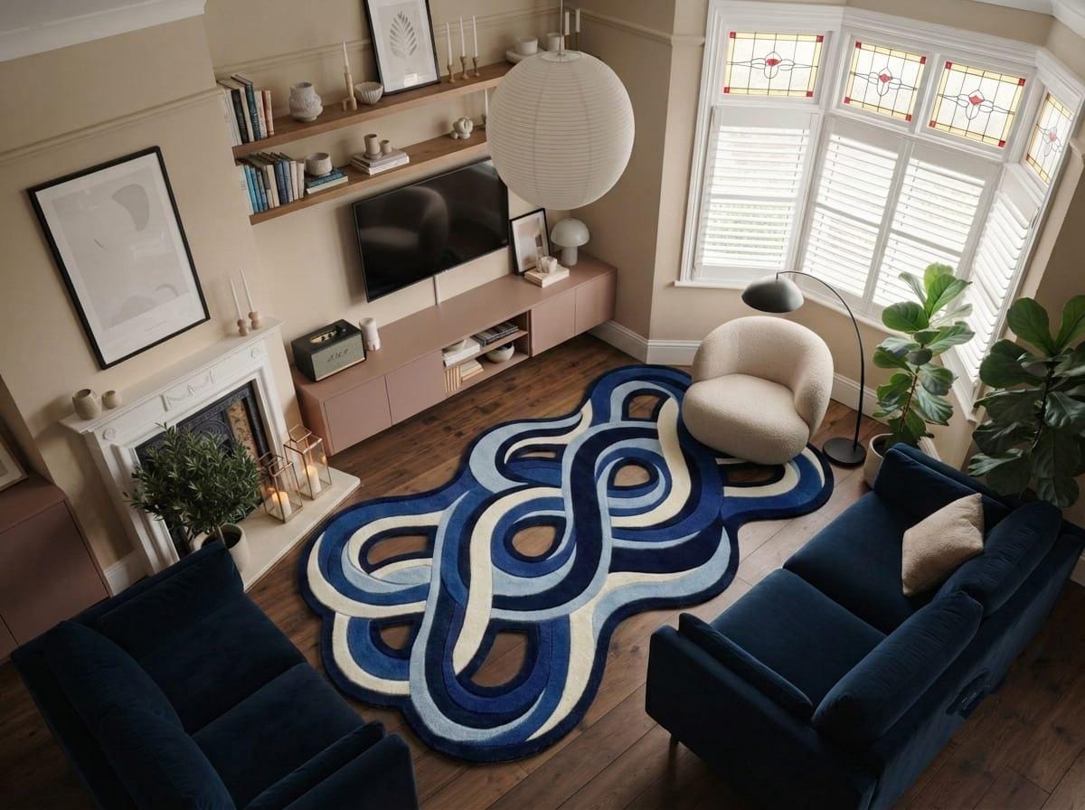 Shubham-Art-Rugs-hand-tufted-abstract-wavy-wool-rug-irregular-blue-area-carpet A modern living room featuring a prominent abstract wavy area rug in shades of blue, navy, and cream. The room is furnished with a navy blue sofa, a cream accent chair, a wooden TV stand, and a fireplace.