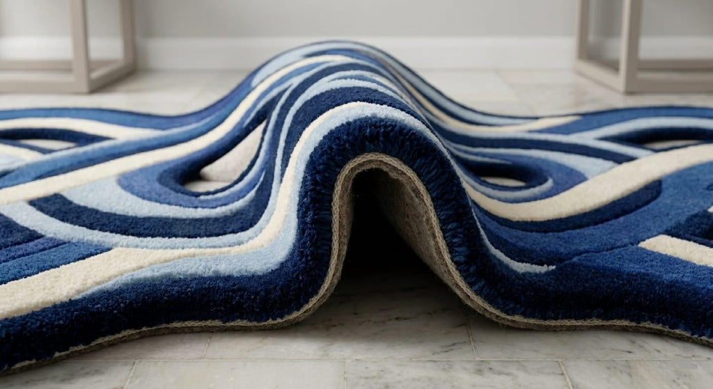 Modern-contemporary-living-room-interior-styling-featuring-luxury-fluid-irregular-blue-wavy-area-carpet A close-up of a plush area rug with a wavy, flowing pattern in shades of navy blue, light blue, and cream, draped over a light-colored floor.