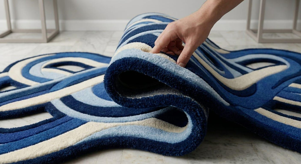 Detailed-3d-hand-carved-high-low-pile-texture-blue-abstract-wavy-wool-rugModern-contemporary-living-room-interior-styling-featuring-luxury-fluid-irregular-blue-wavy-area-carpet A close-up of a blue and cream abstract patterned rug being rolled up by a person's hand on a light-colored floor.