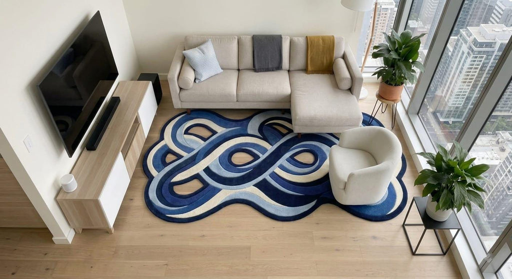 A modern living room featuring a prominent wavy abstract area rug in shades of blue, navy, and cream. The room includes a light beige sectional sofa, a white accent chair, a wooden TV stand with a wall-mounted television, and large windows overlooking a city skyline.Modern-contemporary-living-room-interior-styling-featuring-luxury-fluid-irregular-blue-wavy-area-carpet