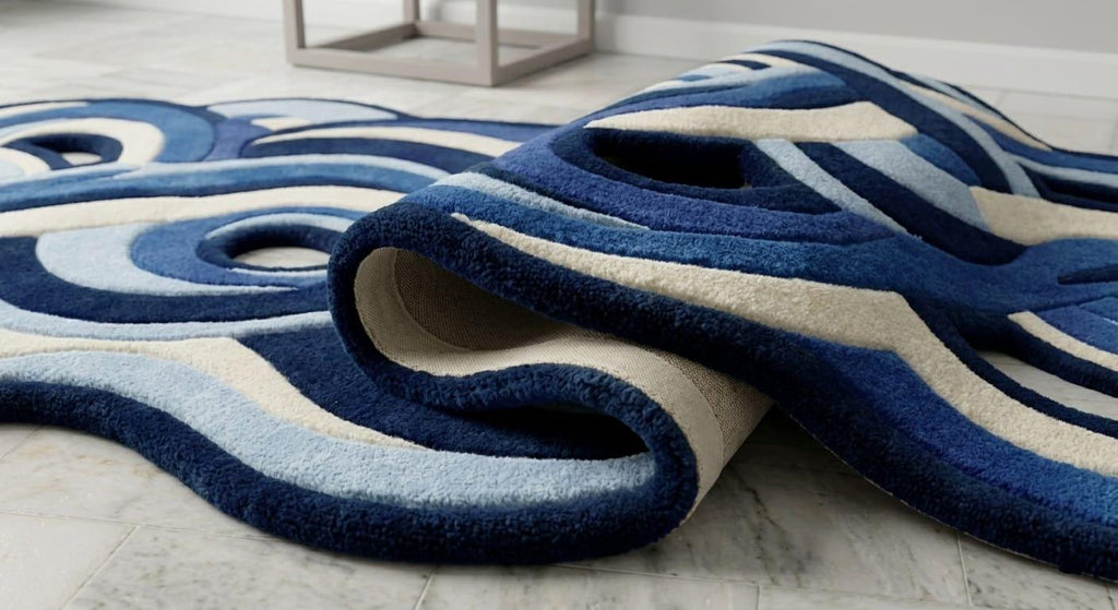 Detailed-3d-hand-carved-high-low-pile-texture-blue-abstract-wavy-wool-rug A close-up of a plush area rug with a wavy, layered pattern in navy blue, medium blue, light blue, and cream, shown partially rolled on a light-colored floor.