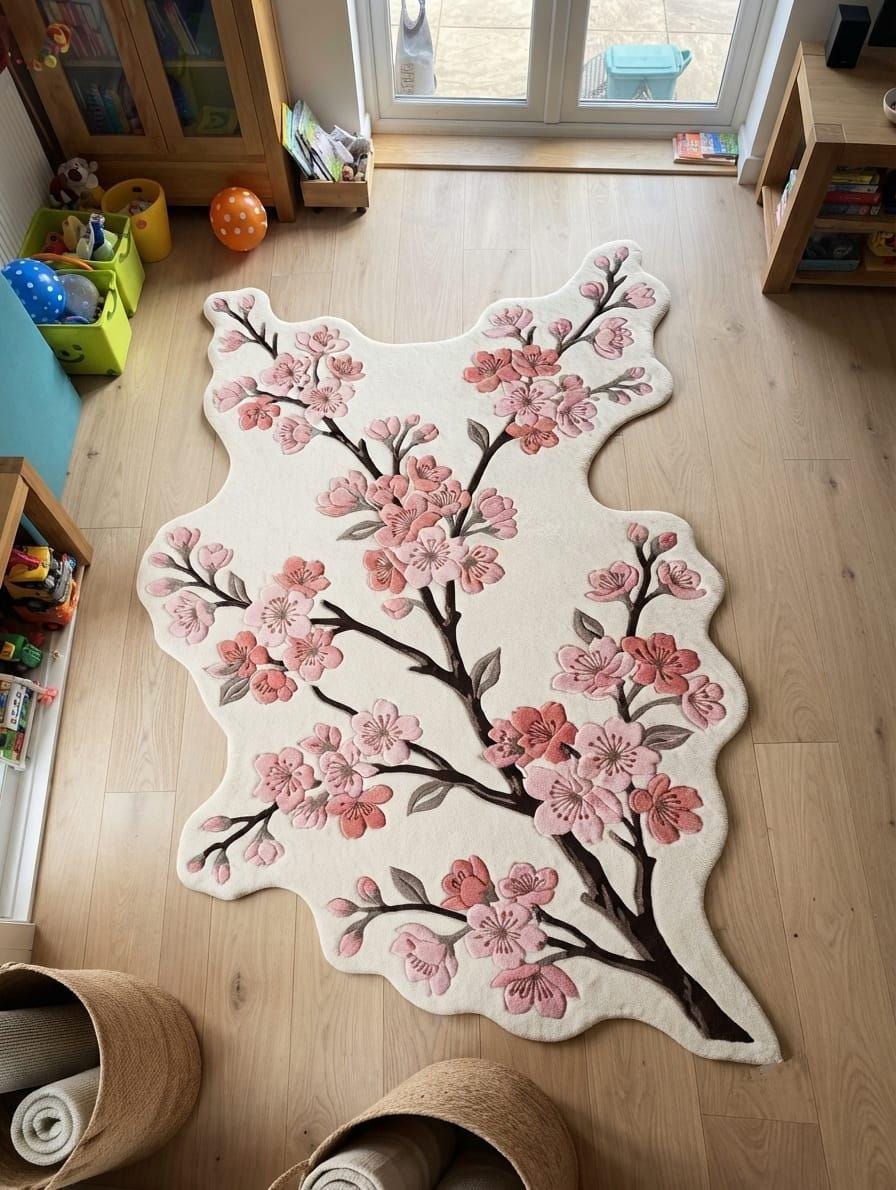  Shubham-Art-Rugs-hand-tufted-cherry-blossom-wool-rug-organic-sakura-floral-shaped-carpet A large, irregularly shaped cream-colored rug featuring a detailed pink cherry blossom tree pattern, displayed on a light wood floor in a children's playroom.