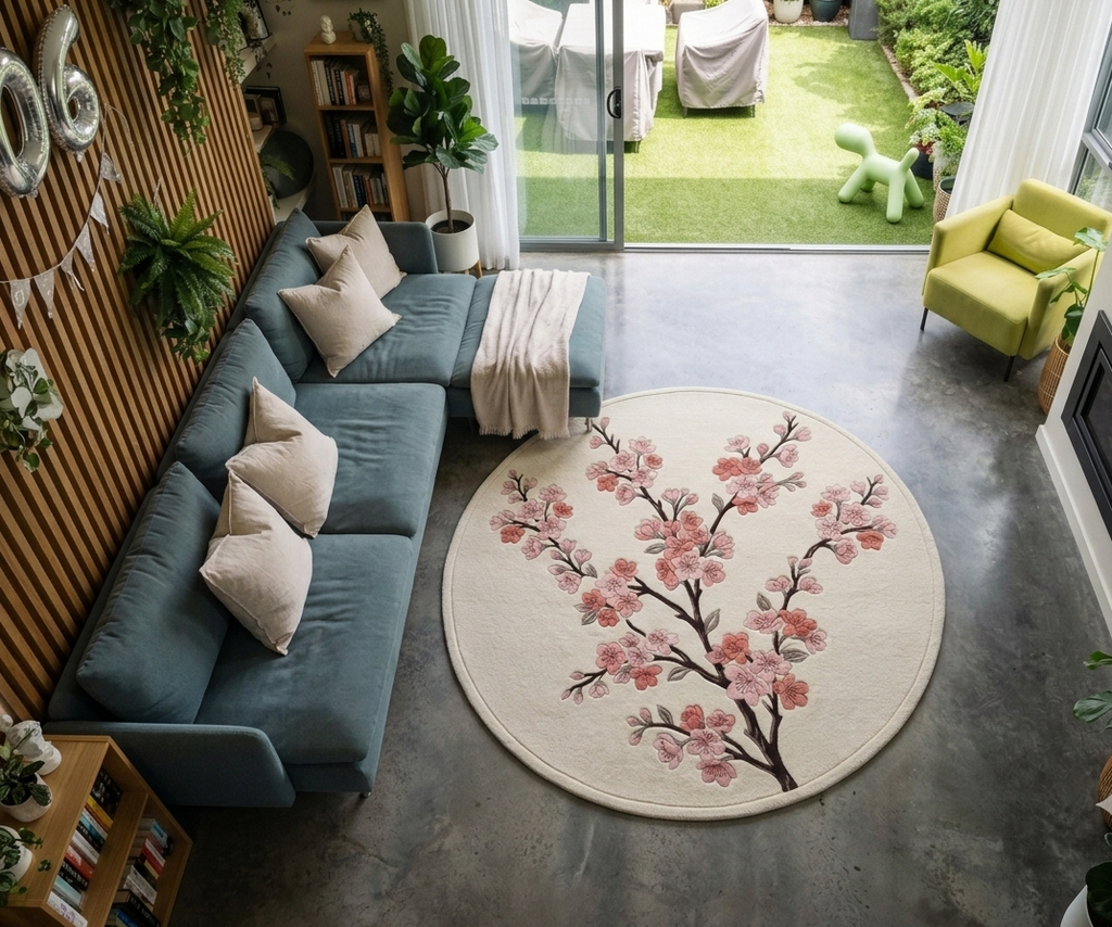 Shubham-Art-Rugs-hand-tufted-wool-cherry-blossom-rug-floral-sakura-carpetModern-Japandi-bedroom-interior-styling-featuring-cream-and-pink-floral-cherry-blossom-accent-rugDetailed-3d-hand-carved-high-low-pile-texture-new-zealand-wool-pink-sakura-flower-rug