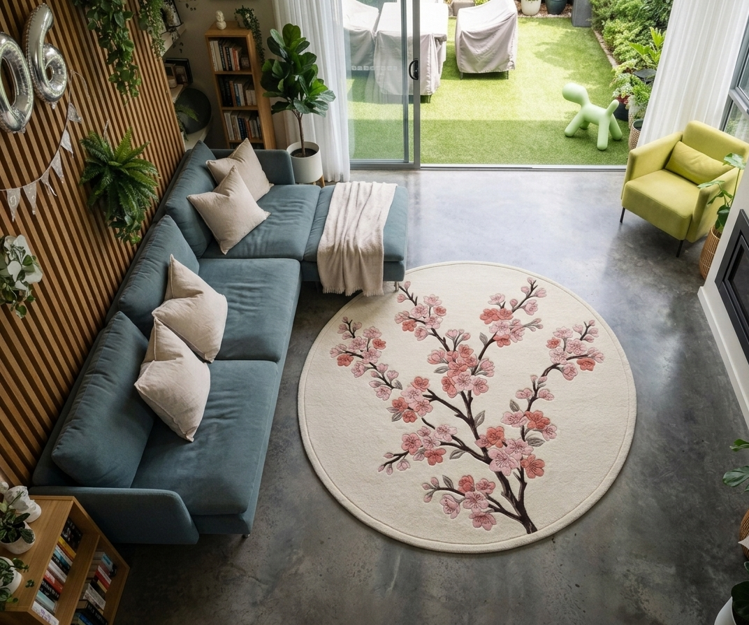 Shubham-Art-Rugs-hand-tufted-wool-cherry-blossom-rug-floral-sakura-carpetModern-Japandi-bedroom-interior-styling-featuring-cream-and-pink-floral-cherry-blossom-accent-rugDetailed-3d-hand-carved-high-low-pile-texture-new-zealand-wool-pink-sakura-flower-rug