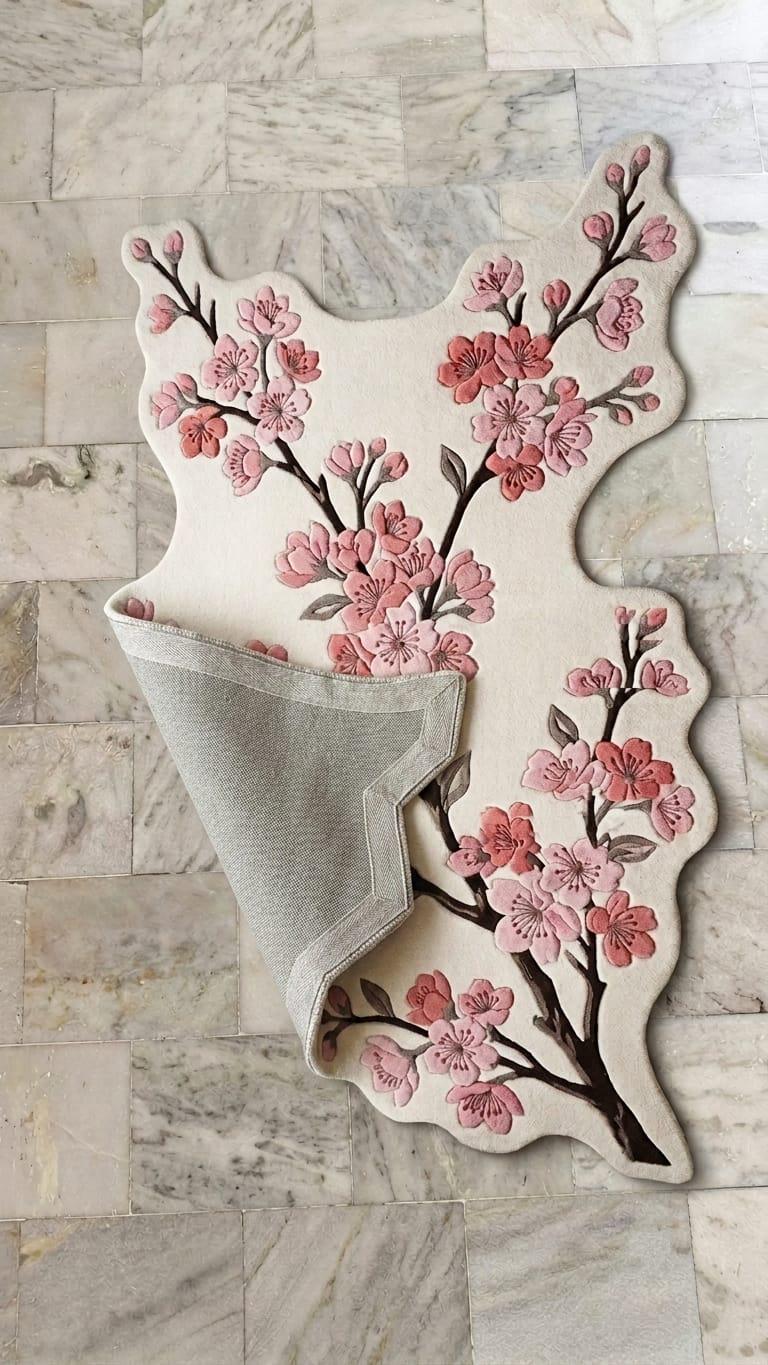  Shubham-Art-Rugs-hand-tufted-cherry-blossom-wool-rug-organic-sakura-floral-shaped-carpet A sheepskin-shaped rug featuring a pink cherry blossom pattern on a cream background, with a light gray suede-like underside, displayed on a gray marble tile floor.