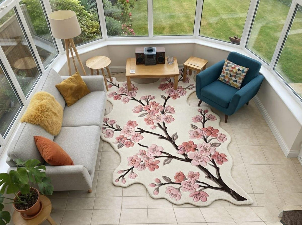 Modern-Japandi-bedroom-interior-styling-featuring-cream-and-pink-floral-cherry-blossom-accent-rug A large cream-colored area rug with a pink cherry blossom tree design, styled in a bright conservatory with a gray sofa, teal armchair, and wooden table.