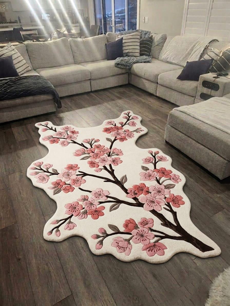 Shubham-Art-Rugs-hand-tufted-cherry-blossom-wool-rug-organic-sakura-floral-shaped-carpet An irregularly shaped cream rug featuring a pink and brown cherry blossom branch pattern, displayed on a dark wood floor in a modern living room setting.