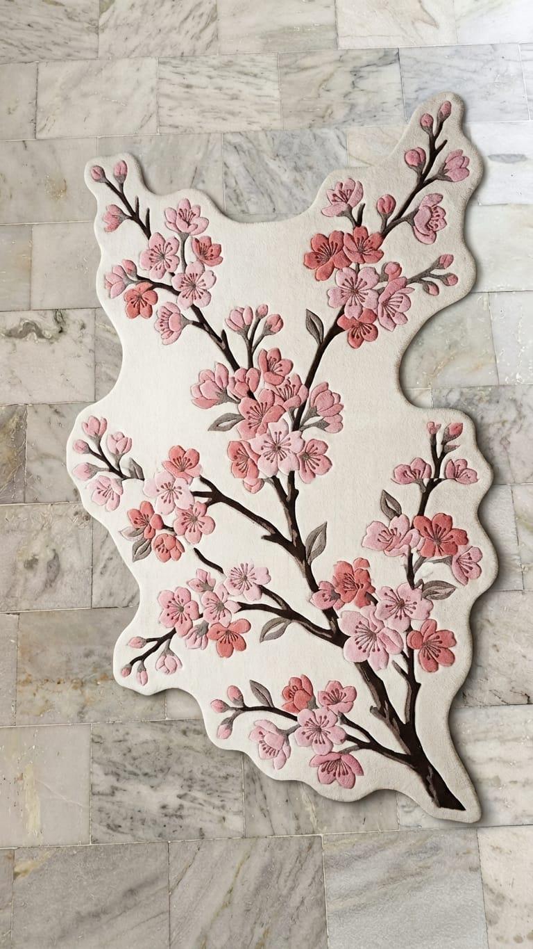 Shubham-Art-Rugs-hand-tufted-cherry-blossom-wool-rug-organic-sakura-floral-shaped-carpet  An irregularly shaped cream-colored rug featuring a detailed pink cherry blossom branch pattern, displayed on a light gray marble tile floor.