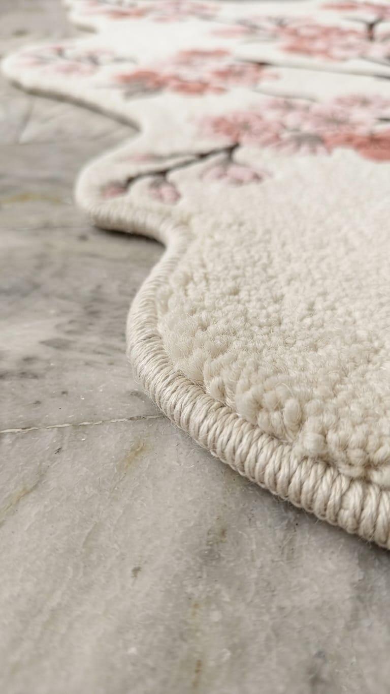  Detailed-3d-hand-carved-high-low-pile-texture-new-zealand-wool-pink-sakura-flower-rug Close-up of a textured cream rug with a pink cherry blossom pattern and thick braided edge, laid on a gray marble floor.