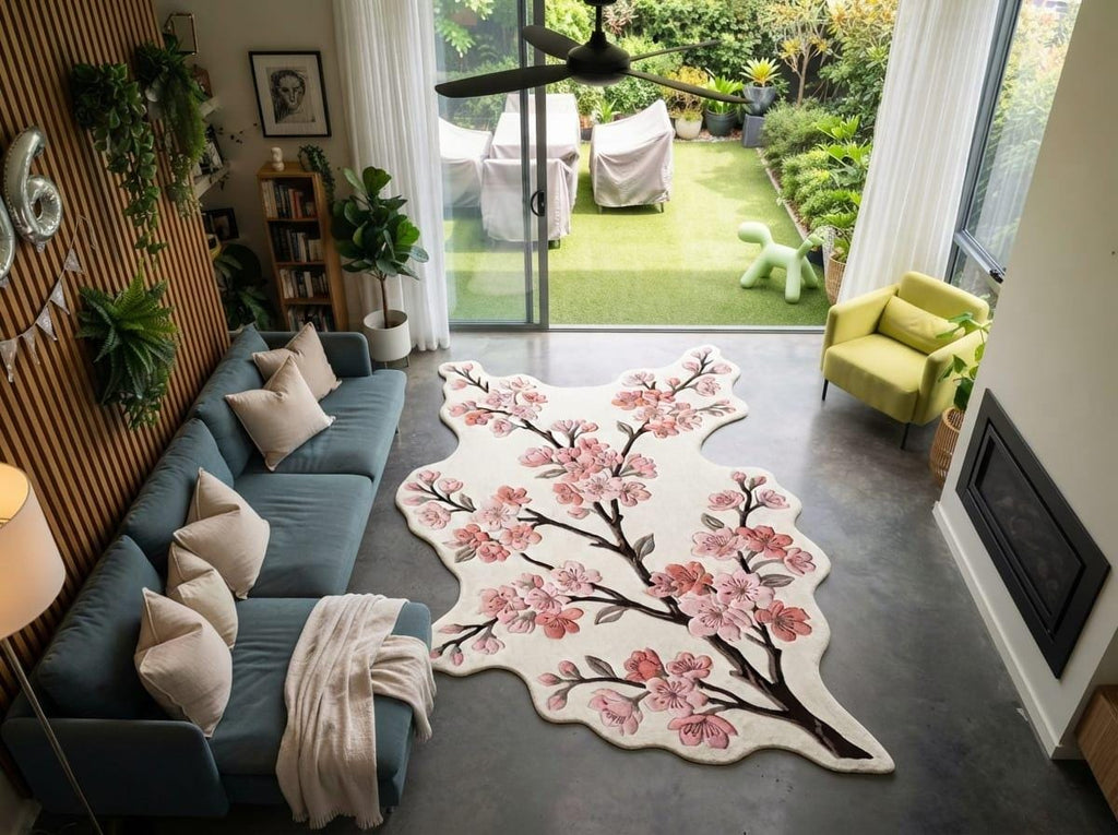  Modern-Japandi-bedroom-interior-styling-featuring-cream-and-pink-floral-cherry-blossom-accent-rug A large, organic-shaped area rug featuring a pink cherry blossom tree design, styled in a modern living room next to a blue sofa and in front of a glass patio door.