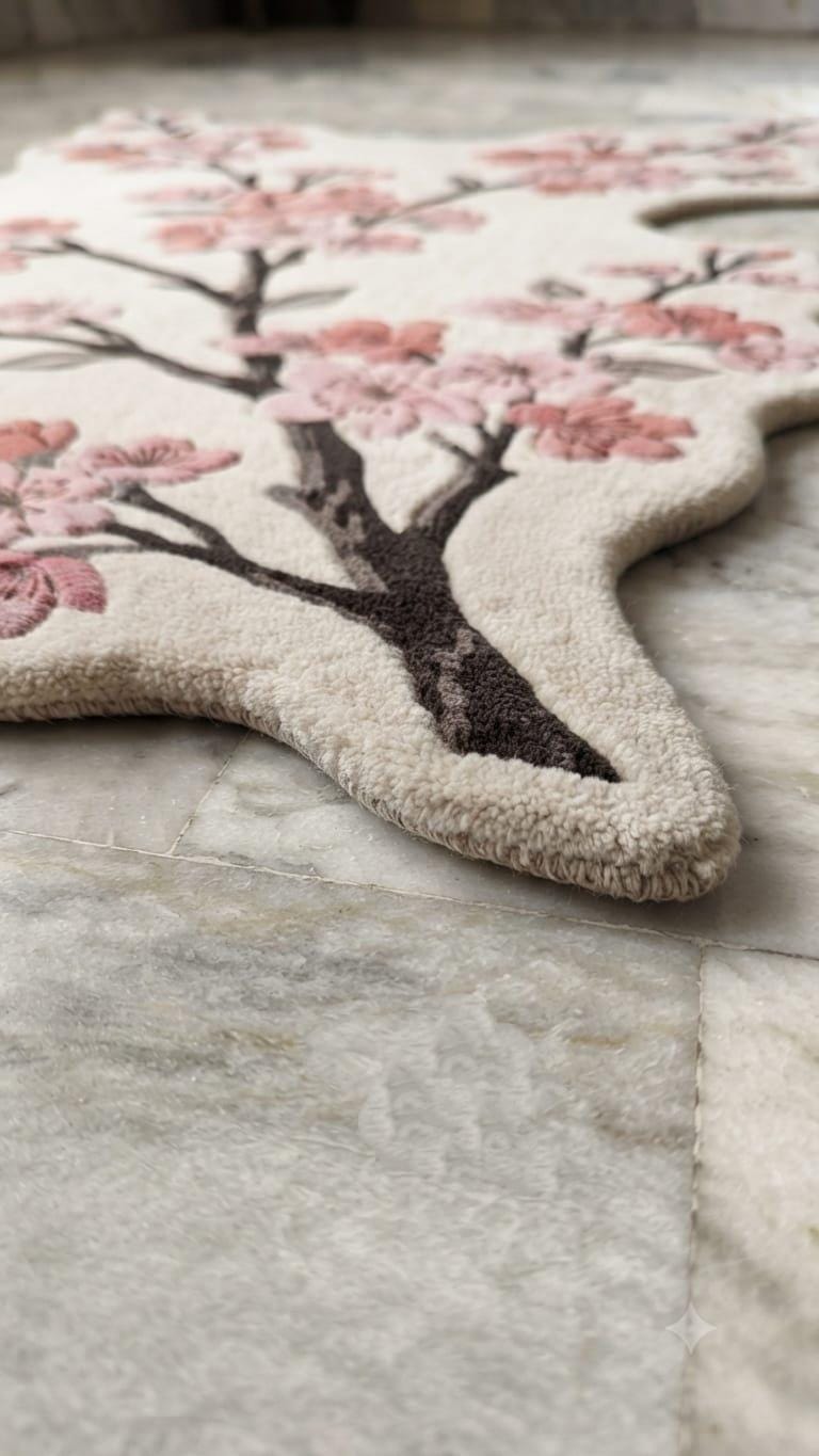 Detailed-3d-hand-carved-high-low-pile-texture-new-zealand-wool-pink-sakura-flower-rug A close-up of a plush, tree-shaped rug with a pink cherry blossom pattern on a light beige background, resting on a light gray marble floor.