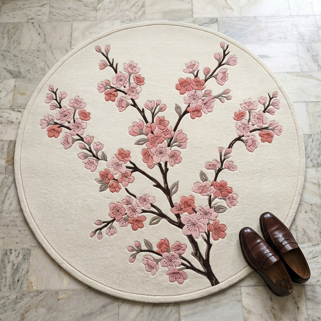 Modern-Japandi-bedroom-interior-styling-featuring-cream-and-pink-floral-cherry-blossom-accent-rugShubham-Art-Rugs-hand-tufted-cherry-blossom-wool-rug-organic-sakura-floral-shaped-carpet_