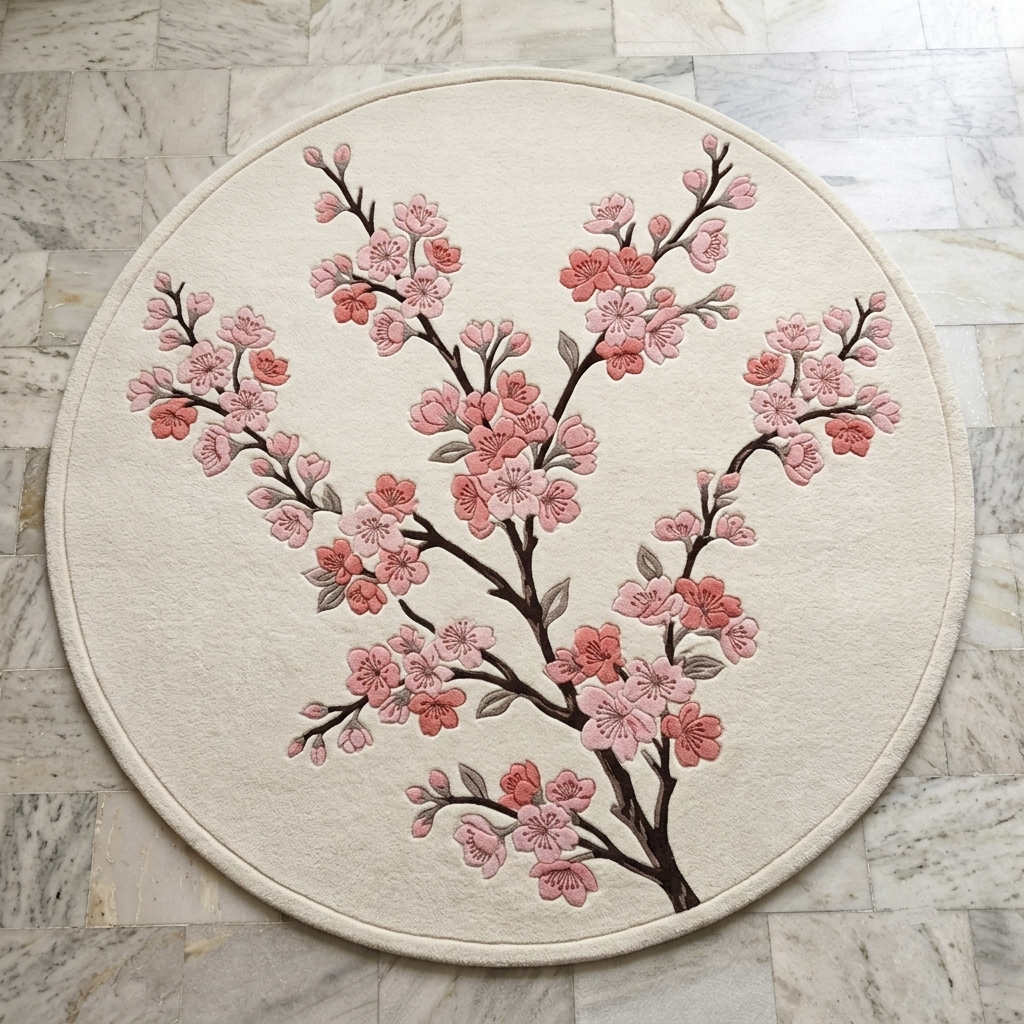 Shubham-Art-Rugs-hand-tufted-wool-cherry-blossom-rug-floral-sakura-carpetModern-Japandi-bedroom-interior-styling-featuring-cream-and-pink-floral-cherry-blossom-accent-rug