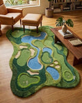 Shubham-Art-Rugs-hand-tufted-golf-course-rug-new-zealand-wool-3d-topography-sports-room-decor  A novelty golf course rug with raised green, blue water, and sand bunker details, styled in a modern living room on a wooden floor.