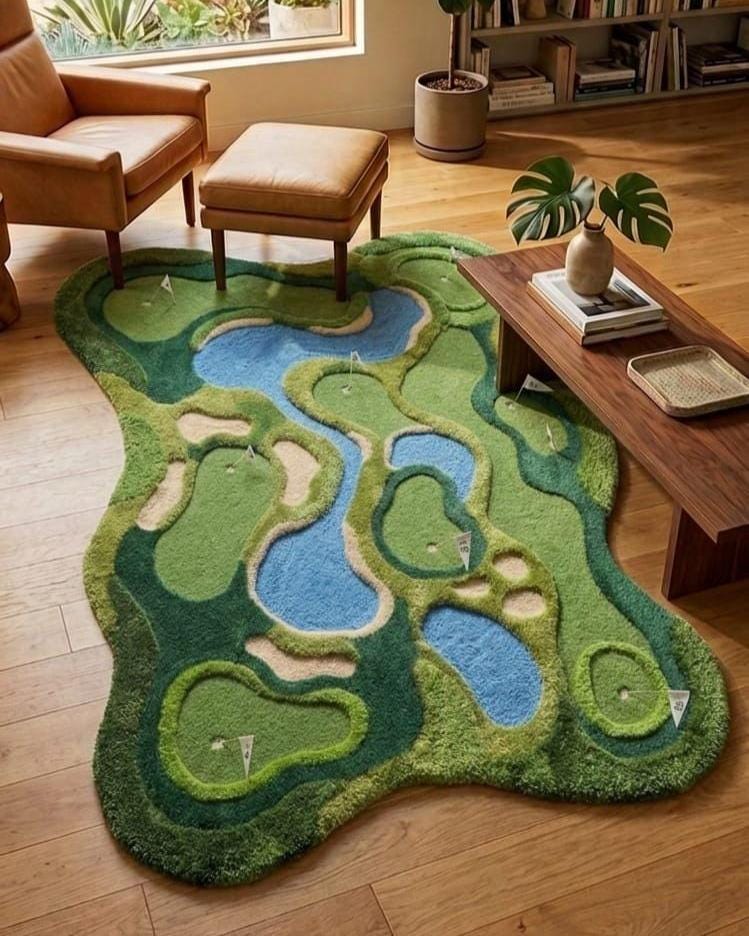 Shubham-Art-Rugs-hand-tufted-golf-course-rug-new-zealand-wool-3d-topography-sports-room-decor  A novelty golf course rug with raised green, blue water, and sand bunker details, styled in a modern living room on a wooden floor.