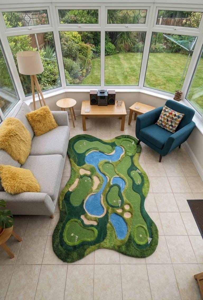 Shubham-Art-Rugs-hand-tufted-golf-course-rug-new-zealand-wool-3d-topography-sports-room-decor A golf course themed area rug in a bright conservatory with a gray sofa, yellow pillows, and a teal armchair.