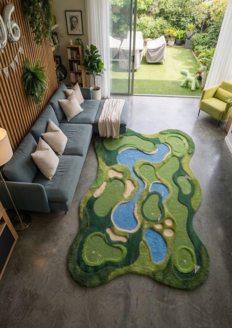  Shubham-Art-Rugs-hand-tufted-golf-course-rug-new-zealand-wool-3d-topography-sports-room-decor A large, novelty-shaped area rug designed to look like a golf course with green grass-textured sections, blue water features, and tan sand traps, shown in a modern living room setting.