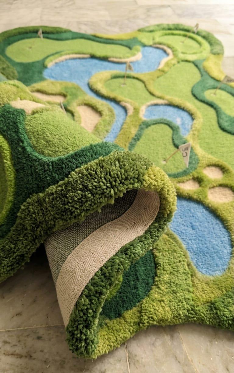 Detailed-3d-topography-hand-carved-high-low-pile-texture-fairway-green-wool-rugModern-sports-lounge-interior-styling-featuring-luxury-green-golf-course-shaped-accent-carpet