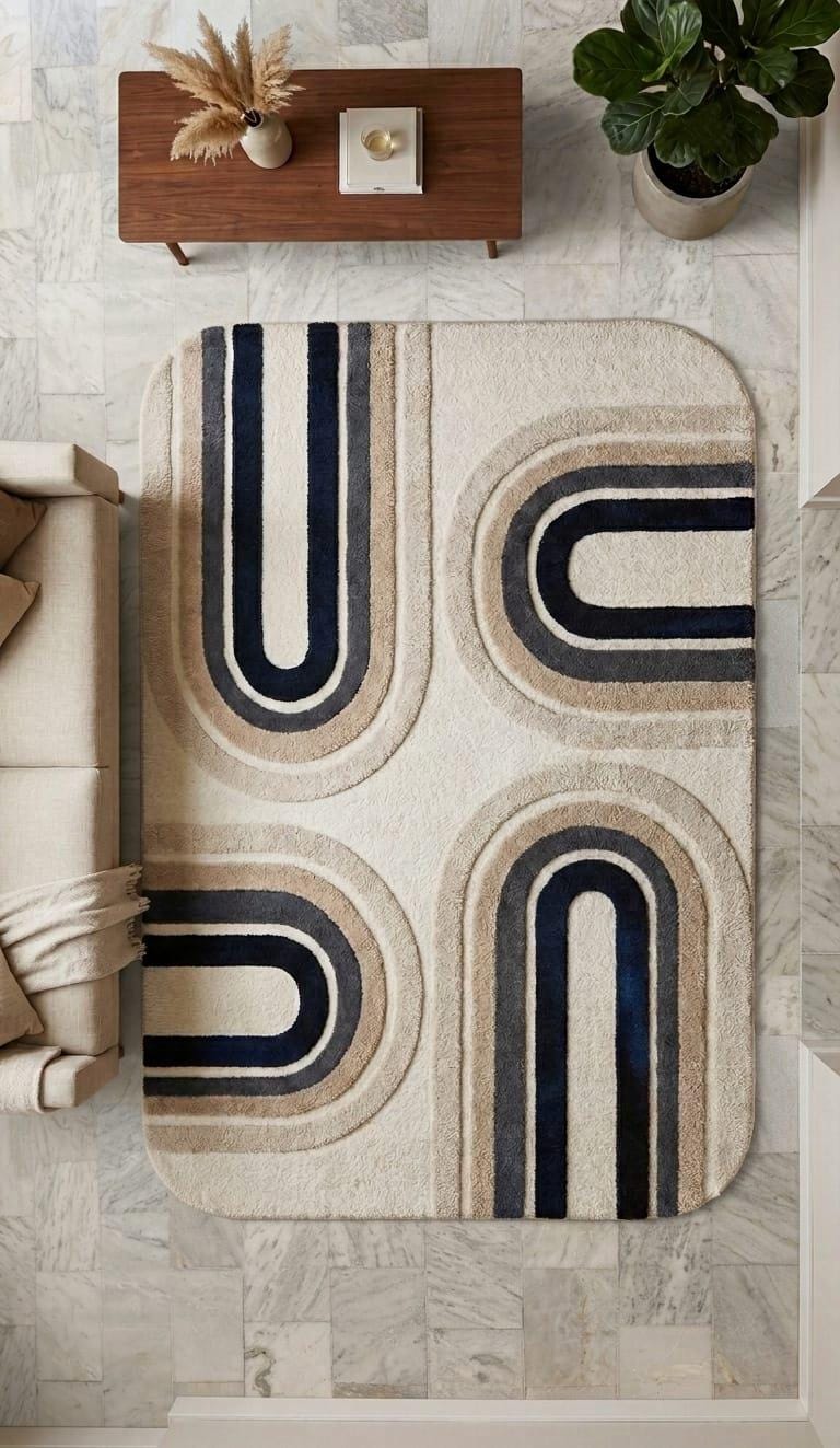 Shubham-Art-Rugs-hand-tufted-new-zealand-wool-arch-rug-navy-blue-beige-ivory-contemporary-carpet  A rectangular area rug with rounded corners featuring a modern geometric pattern of beige, brown, and navy blue concentric arches, styled in a living room setting.