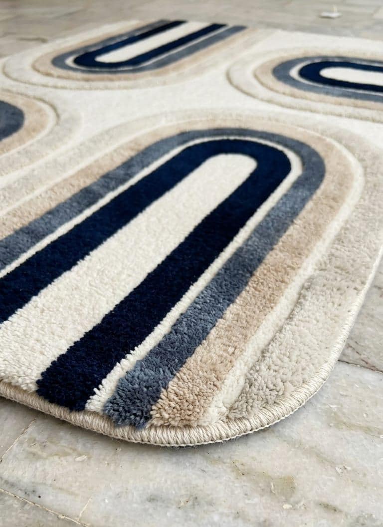 Shubham-Art-Rugs-hand-tufted-new-zealand-wool-arch-rug-navy-blue-beige-ivory-contemporary-carpet  A close-up of a plush area rug with a modern geometric pattern of nested arches in cream, beige, gray, and navy blue, shown on a light stone floor.