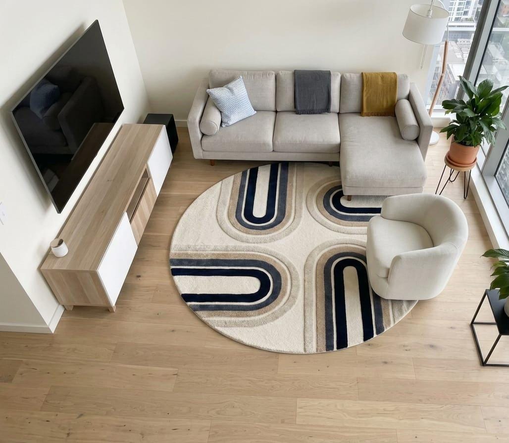 Shubham-Art-Rugs-hand-tufted-new-zealand-wool-arch-rug-navy-blue-beige-ivory-contemporary-carpet A modern living room scene showing a round area rug with a beige, navy, and gray geometric pattern, styled in a contemporary living space with a sofa, armchair, and wood flooring.