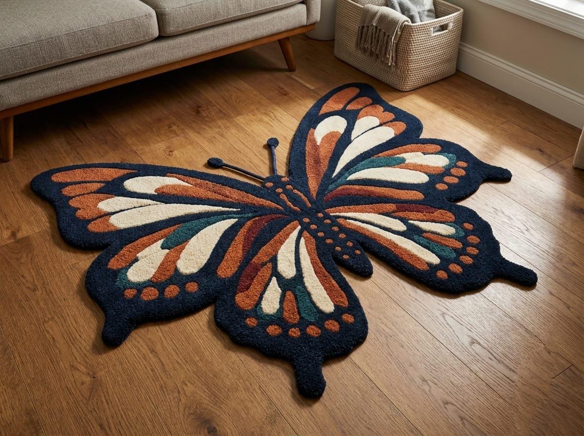 Modern-boho-kids-playroom-nursery-interior-styling-featuring-luxury-shaped-butterfly-accent-carpet
A butterfly-shaped area rug with orange, cream, and teal details on a dark navy blue base, displayed on a warm wood floor in a living room setting.